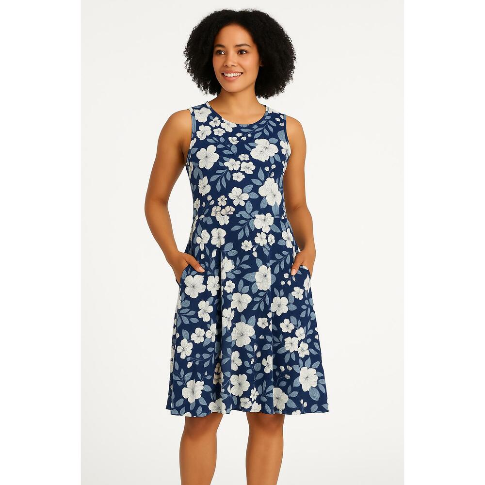 Agnes And Dora Blue White Floral Sleeveless Dress‎ With Pockets Womens XL